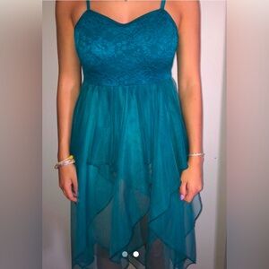 CURTAIN CALL Size Child Medium Teal Blue Lace Dance Dress